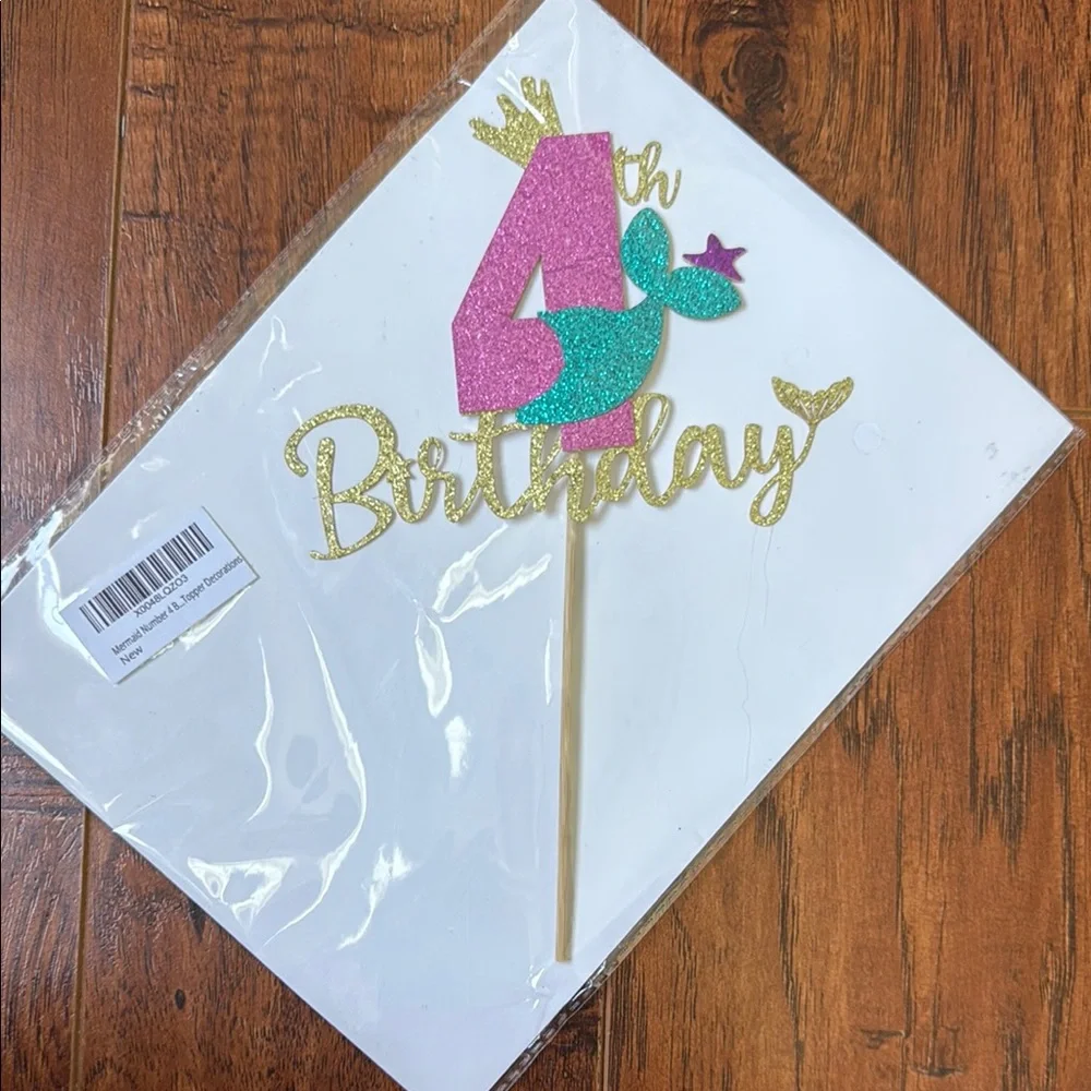 NWT Mermaid 4th Birthday Cake Topper, Glitter Under The Sea Cake Decoration